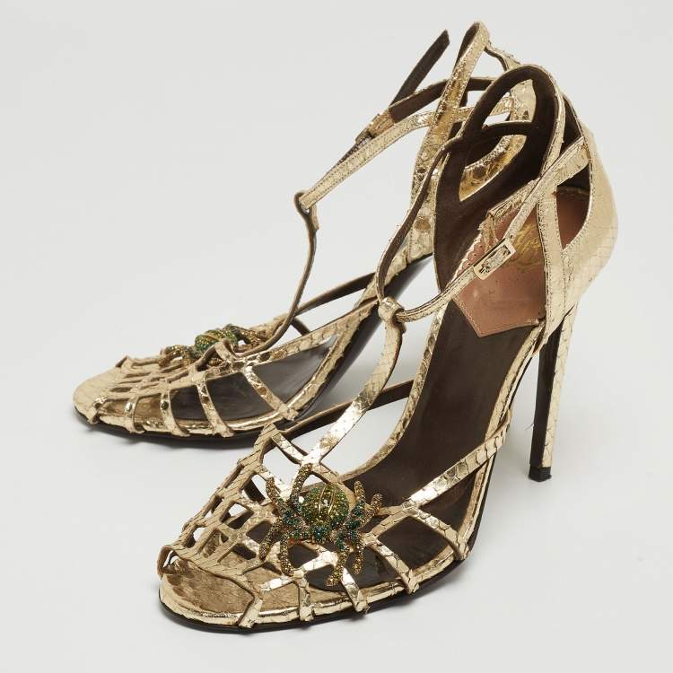 Pre Owned Roberto Cavalli Gold Embossed Python Crystal Embellished Spider T-Bar Ankle Strap Sandals Size 38