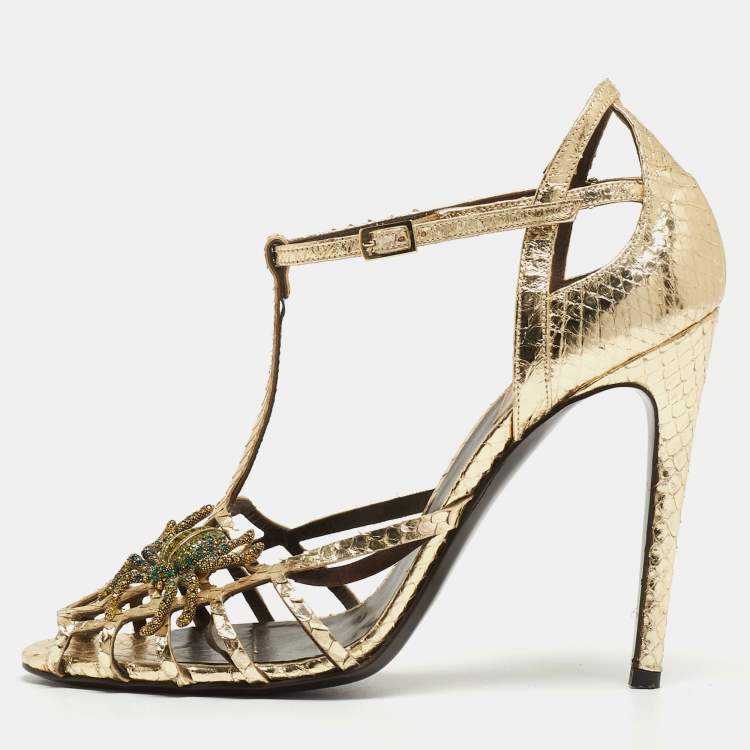 Pre Owned Roberto Cavalli Gold Embossed Python Crystal Embellished Spider T-Bar Ankle Strap Sandals Size 38