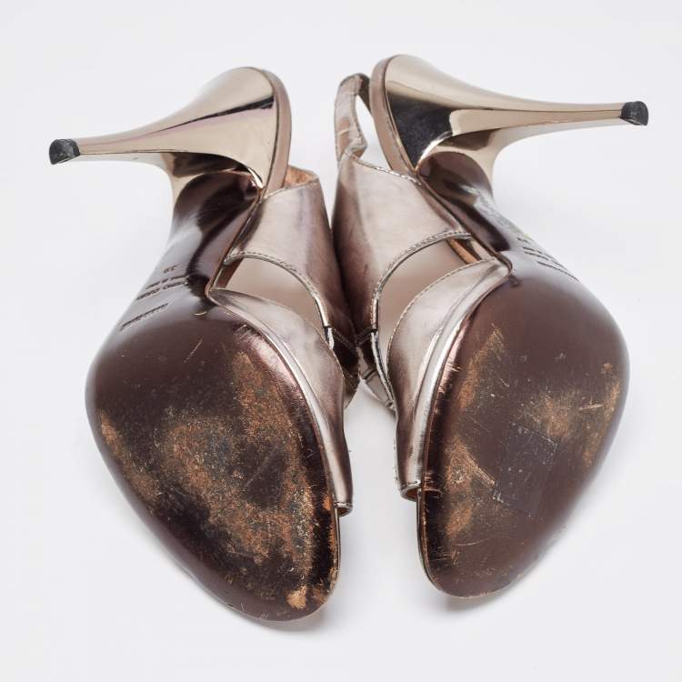 Pre Owned Roberto Cavalli Metallic Grey Leather Slingback Sandals Size 39