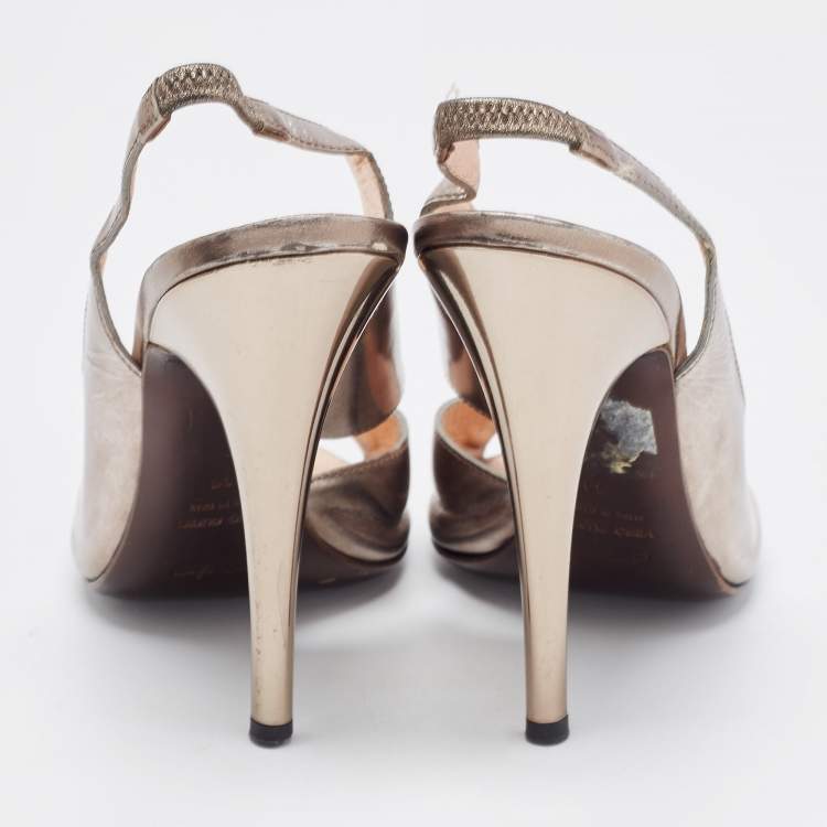 Pre Owned Roberto Cavalli Metallic Grey Leather Slingback Sandals Size 39