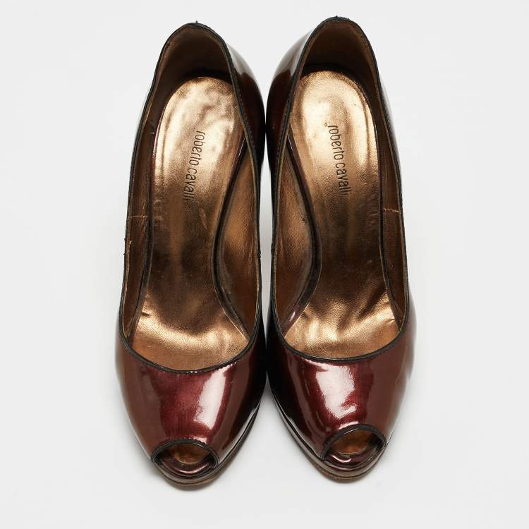 Pre Owned Roberto Cavalli Metallic Gold Patent Leather Peep Toe Pumps Size 35.5