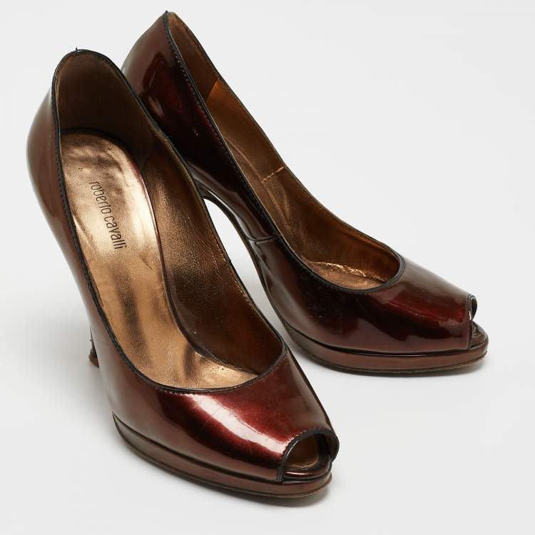 Pre Owned Roberto Cavalli Metallic Gold Patent Leather Peep Toe Pumps Size 35.5