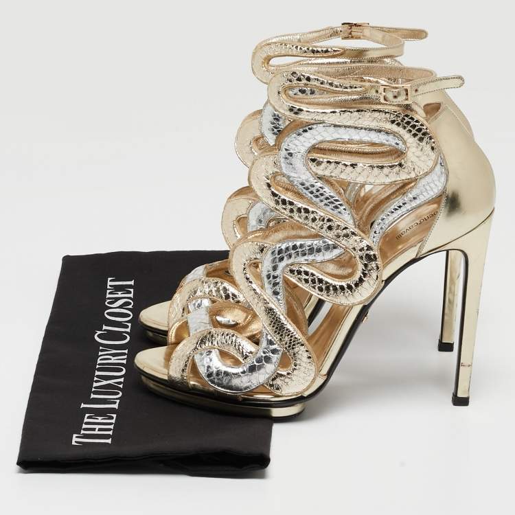 Pre Owned Roberto Cavalli Metallic Python Embossed Leather Ankle Strap Sandals Size 38
