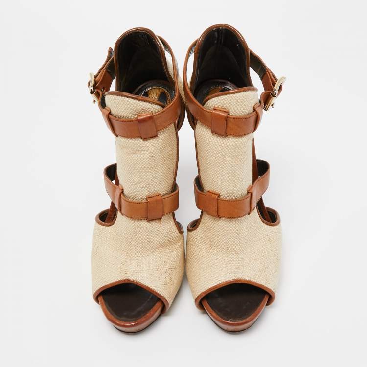 Pre Owned Roberto Cavalli Beige/Brown Raffia and Leather Double Strap Peep Toe Booties Size 38