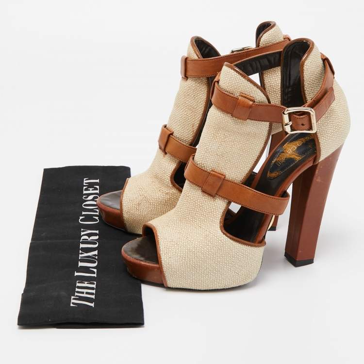 Pre Owned Roberto Cavalli Beige/Brown Raffia and Leather Double Strap Peep Toe Booties Size 38