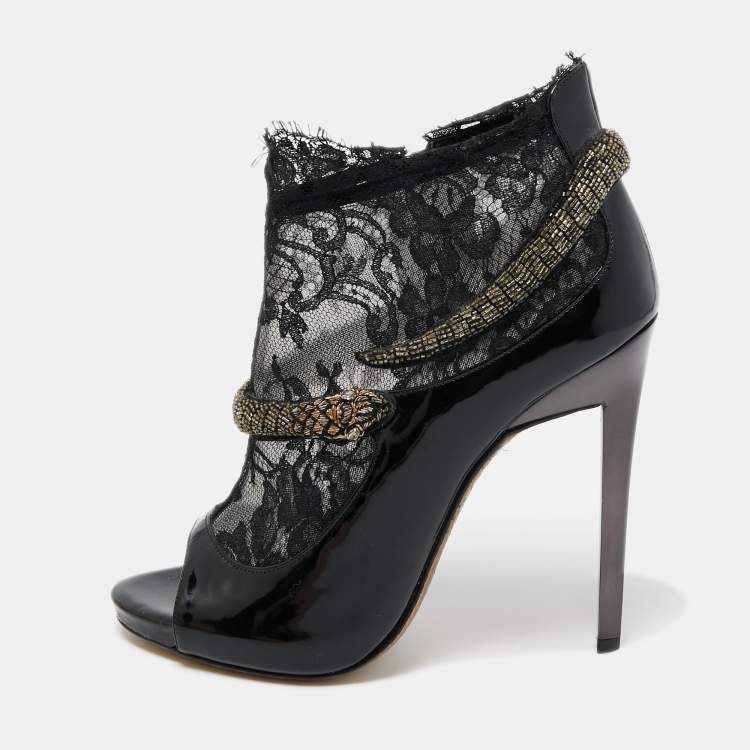Pre Owned Roberto Cavalli Black Patent Leather And Mesh Beaded Snake Ankle Booties Size 38.5
