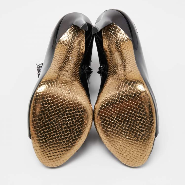 Pre Owned Roberto Cavalli Black Patent Leather And Mesh Beaded Snake Ankle Booties Size 38.5