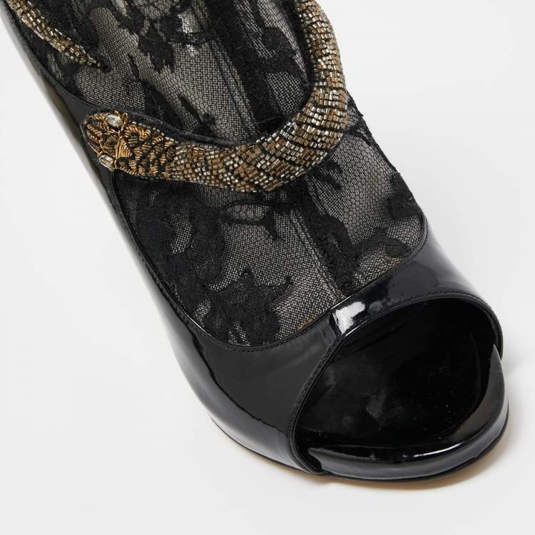 Pre Owned Roberto Cavalli Black Patent Leather And Mesh Beaded Snake Ankle Booties Size 38.5