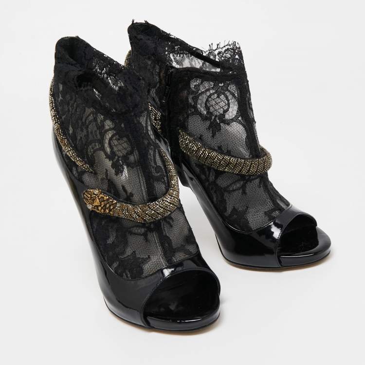Pre Owned Roberto Cavalli Black Patent Leather And Mesh Beaded Snake Ankle Booties Size 38.5