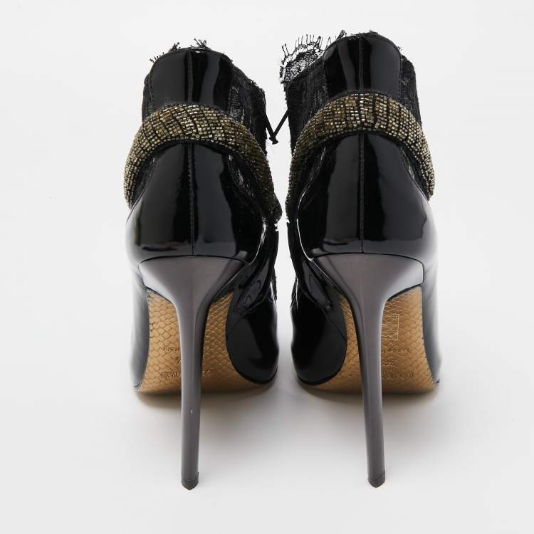 Pre Owned Roberto Cavalli Black Patent Leather And Mesh Beaded Snake Ankle Booties Size 38.5