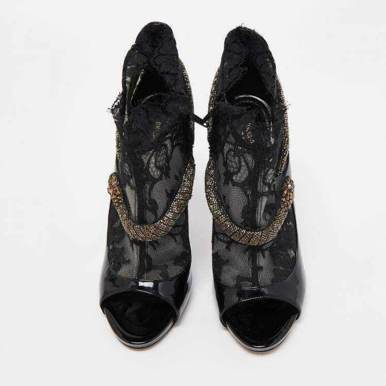 Pre Owned Roberto Cavalli Black Patent Leather And Mesh Beaded Snake Ankle Booties Size 38.5