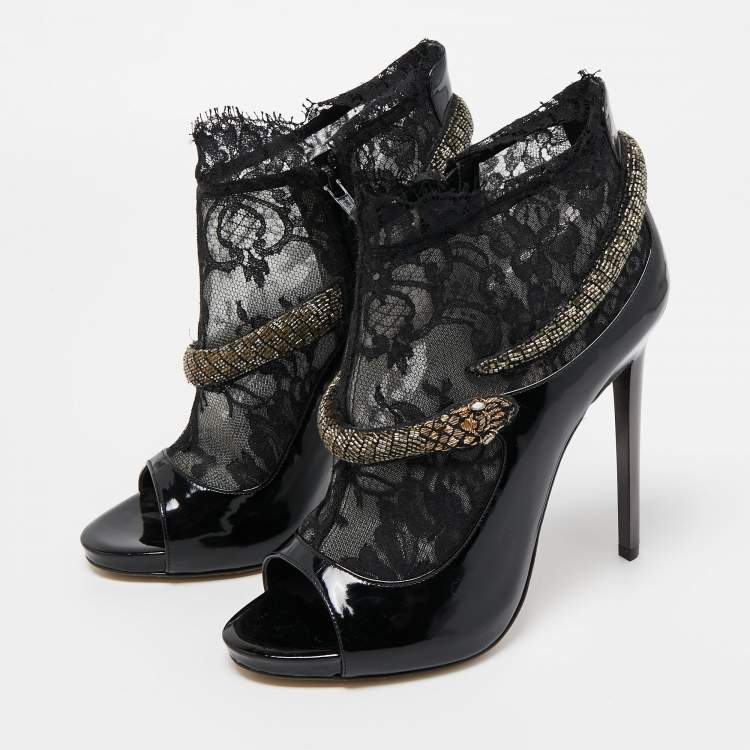 Pre Owned Roberto Cavalli Black Patent Leather And Mesh Beaded Snake Ankle Booties Size 38.5