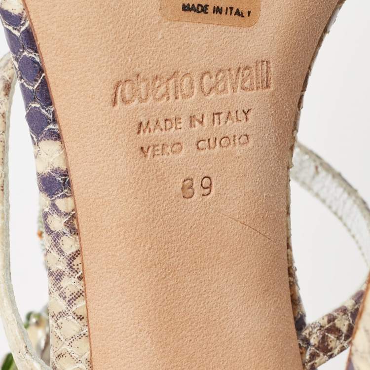 Pre Owned Roberto Cavalli Cream/Blue Python Embossed Leather Embellished Slingback Sandals Size 39