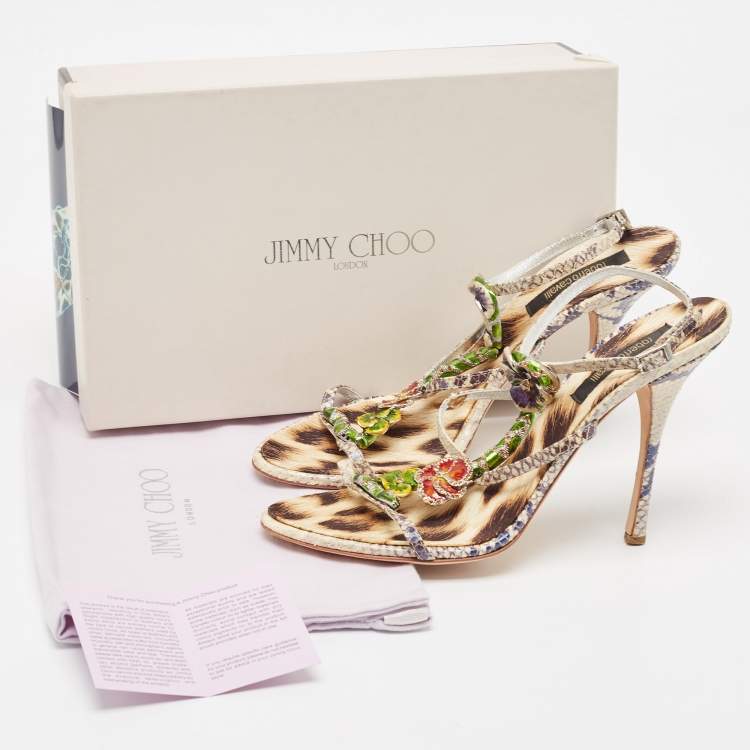 Pre Owned Roberto Cavalli Cream/Blue Python Embossed Leather Embellished Slingback Sandals Size 39