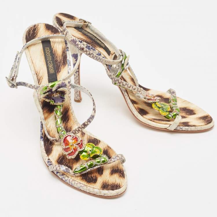 Pre Owned Roberto Cavalli Cream/Blue Python Embossed Leather Embellished Slingback Sandals Size 39