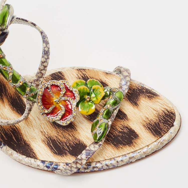 Pre Owned Roberto Cavalli Cream/Blue Python Embossed Leather Embellished Slingback Sandals Size 39