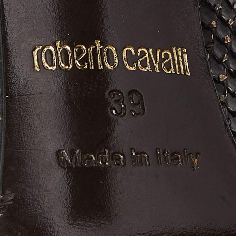Pre Owned Roberto Cavalli Black/Gold Watersnake Leather Block Heel Pumps Size 39