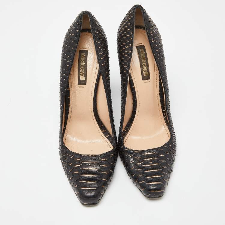 Pre Owned Roberto Cavalli Black/Gold Watersnake Leather Block Heel Pumps Size 39