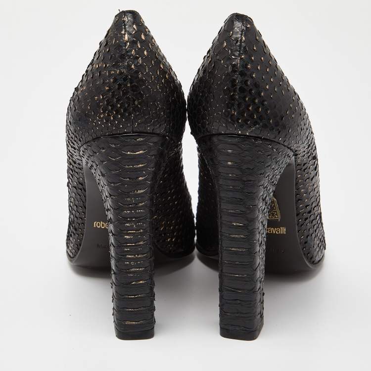 Pre Owned Roberto Cavalli Black/Gold Watersnake Leather Block Heel Pumps Size 39