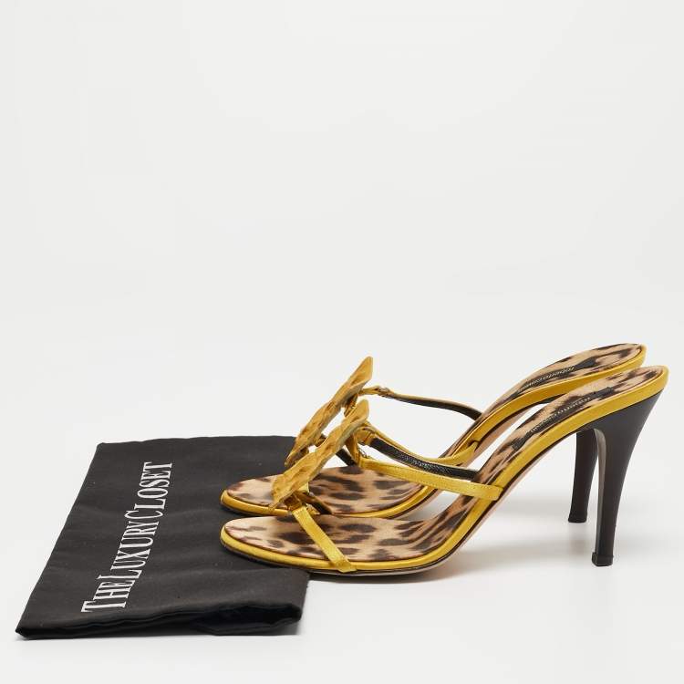 Pre Owned Roberto Cavalli Yellow Satin and Crocodile Slide Sandals Size 40