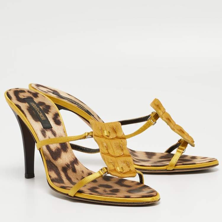 Pre Owned Roberto Cavalli Yellow Satin and Crocodile Slide Sandals Size 40