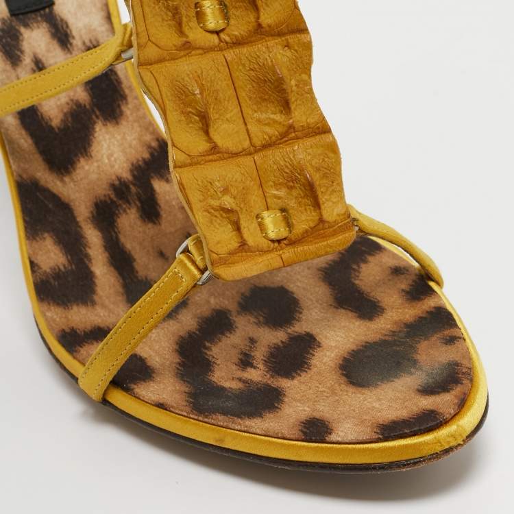 Pre Owned Roberto Cavalli Yellow Satin and Crocodile Slide Sandals Size 40