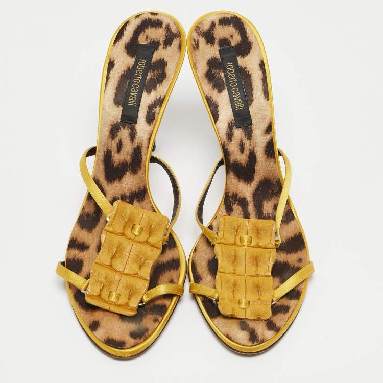 Pre Owned Roberto Cavalli Yellow Satin and Crocodile Slide Sandals Size 40