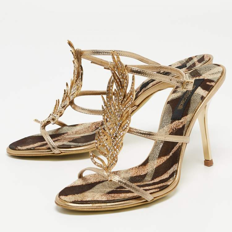 Pre Owned Roberto Cavalli Metallic Gold Ankle Strap Sandals Size 39.5