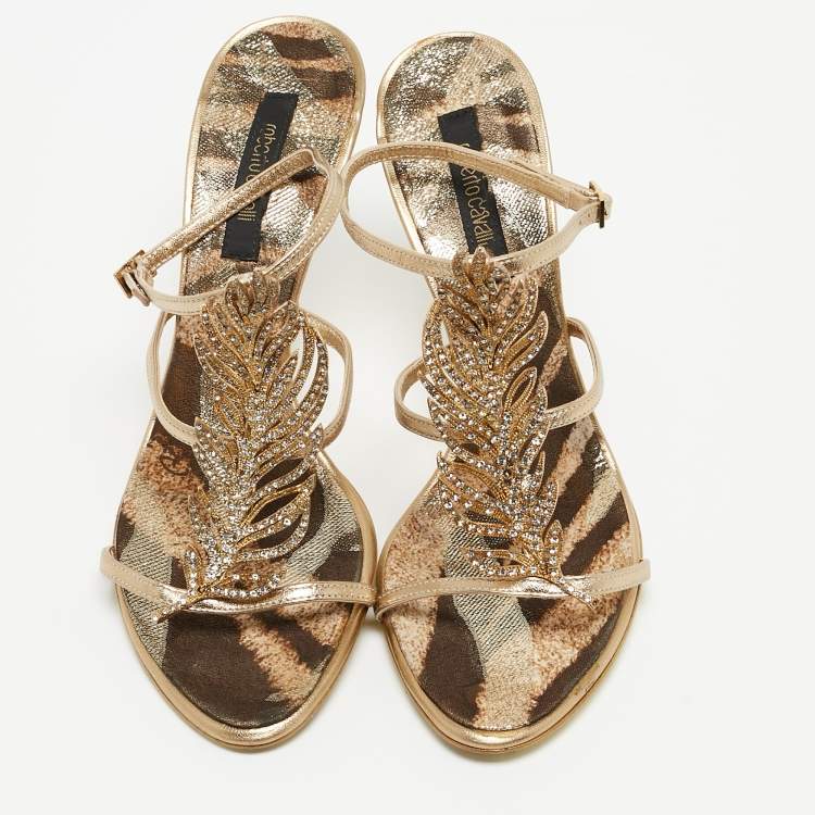Pre Owned Roberto Cavalli Metallic Gold Ankle Strap Sandals Size 39.5