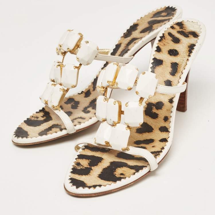 Pre Owned Roberto Cavalli White Leather Embellised Sandals Size 39.5   