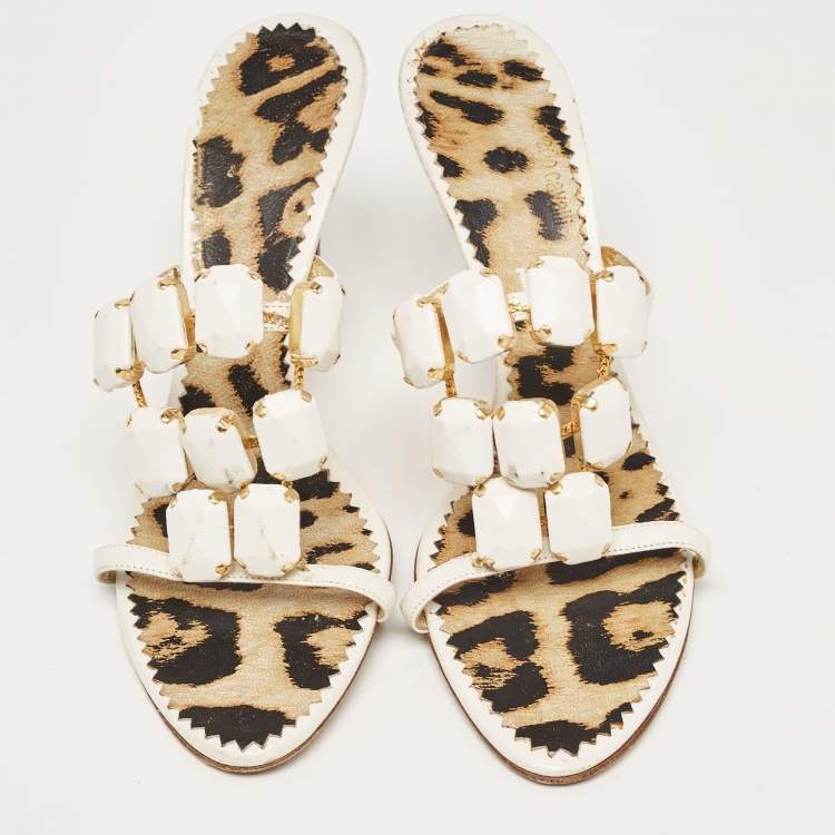 Pre Owned Roberto Cavalli White Leather Embellised Sandals Size 39.5   