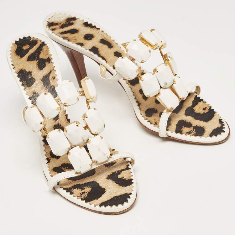 Pre Owned Roberto Cavalli White Leather Embellised Sandals Size 39.5   