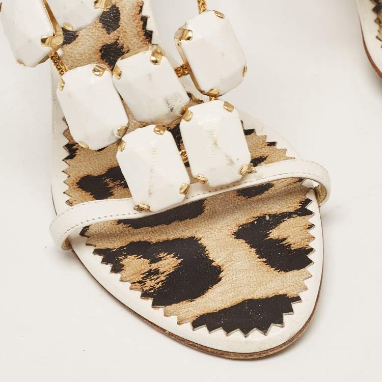 Pre Owned Roberto Cavalli White Leather Embellised Sandals Size 39.5   