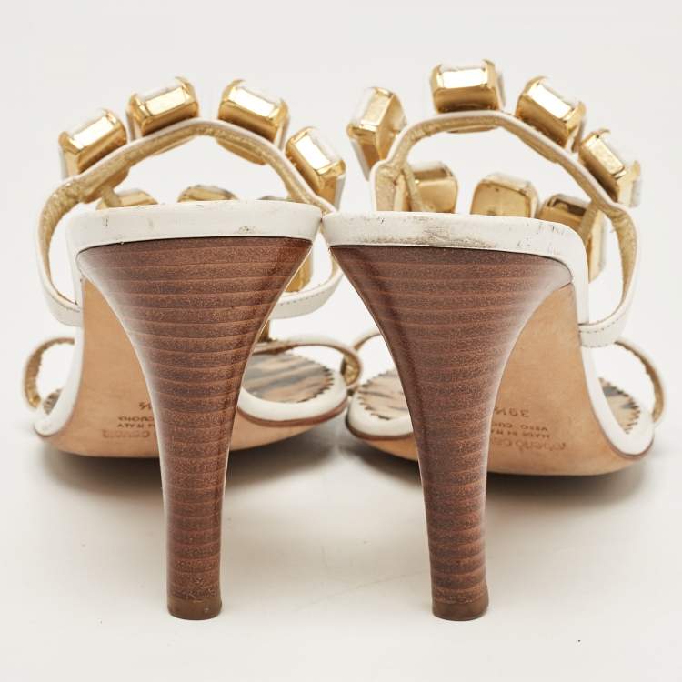 Pre Owned Roberto Cavalli White Leather Embellised Sandals Size 39.5   