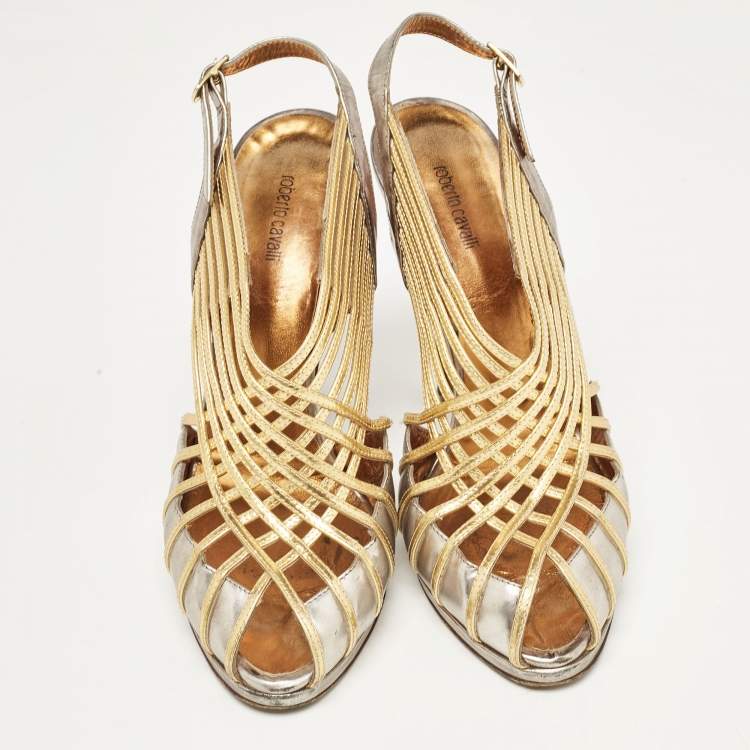Pre Owned Roberto Cavalli Metallic Leather Strappy Sandals Size  40
