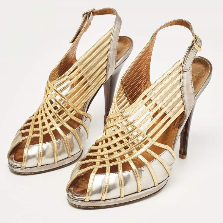 Pre Owned Roberto Cavalli Metallic Leather Strappy Sandals Size  40
