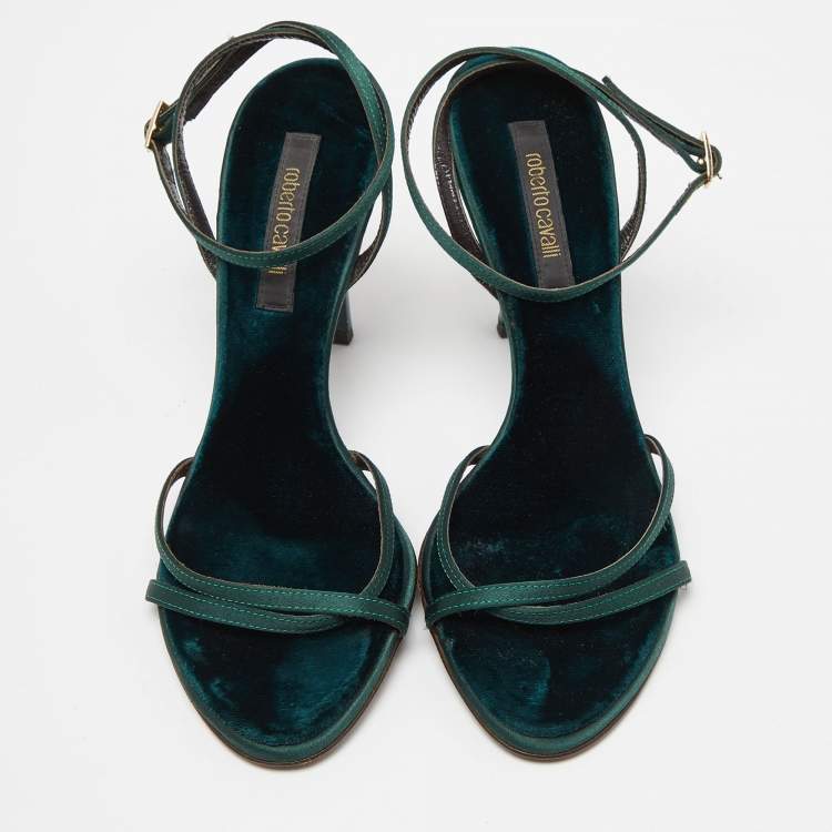 Pre Owned Roberto Cavalli Green Satin Ankle Strap Sandals Size 37.5