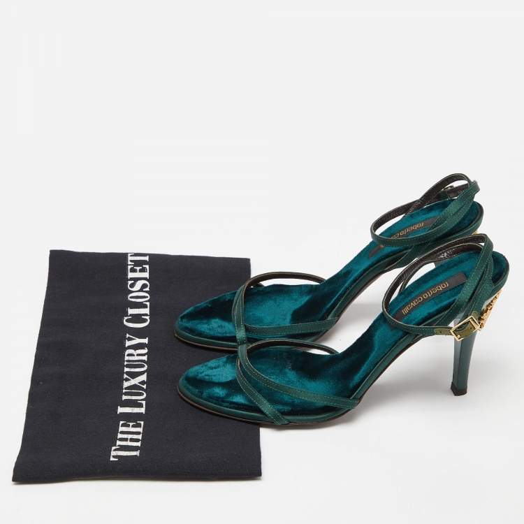 Pre Owned Roberto Cavalli Green Satin Ankle Strap Sandals Size 37.5