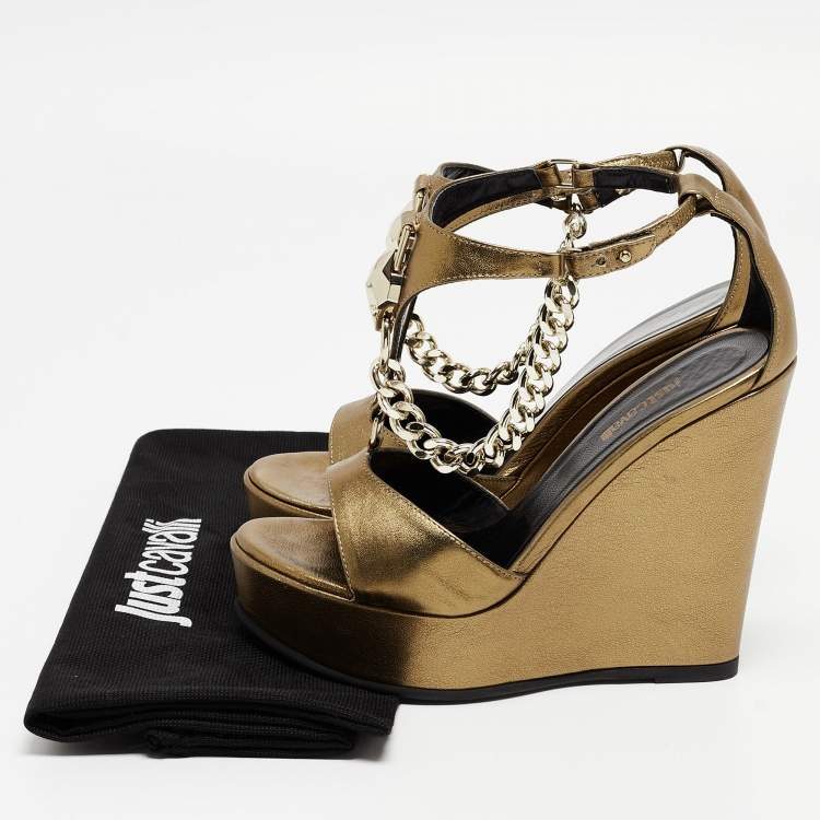 Pre Owned Just Cavalli  Metallic Gold Leather Wedge Ankle Strap Sandals Size 38