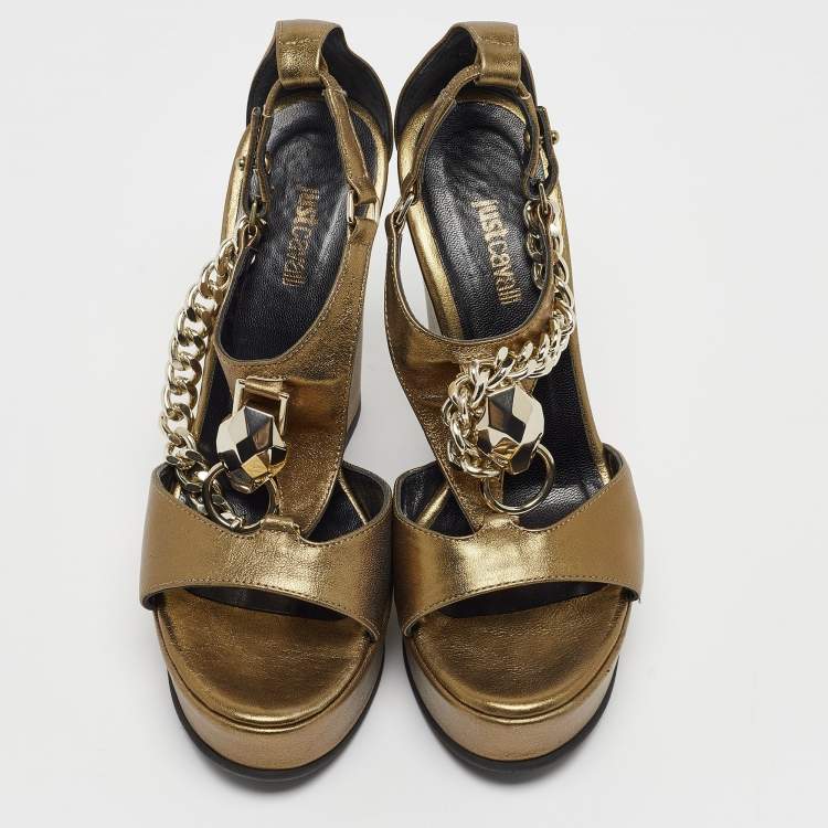 Pre Owned Just Cavalli  Metallic Gold Leather Wedge Ankle Strap Sandals Size 38