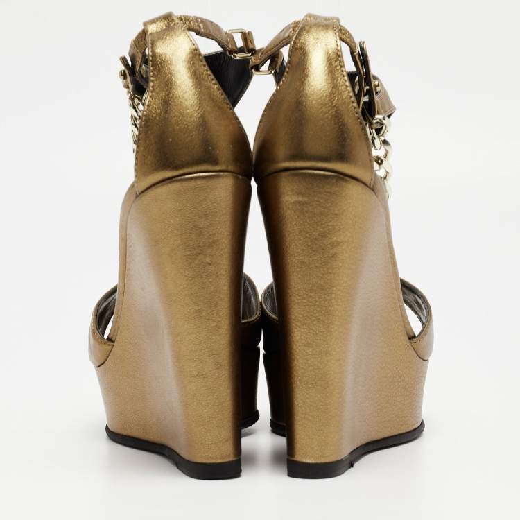 Pre Owned Just Cavalli  Metallic Gold Leather Wedge Ankle Strap Sandals Size 38