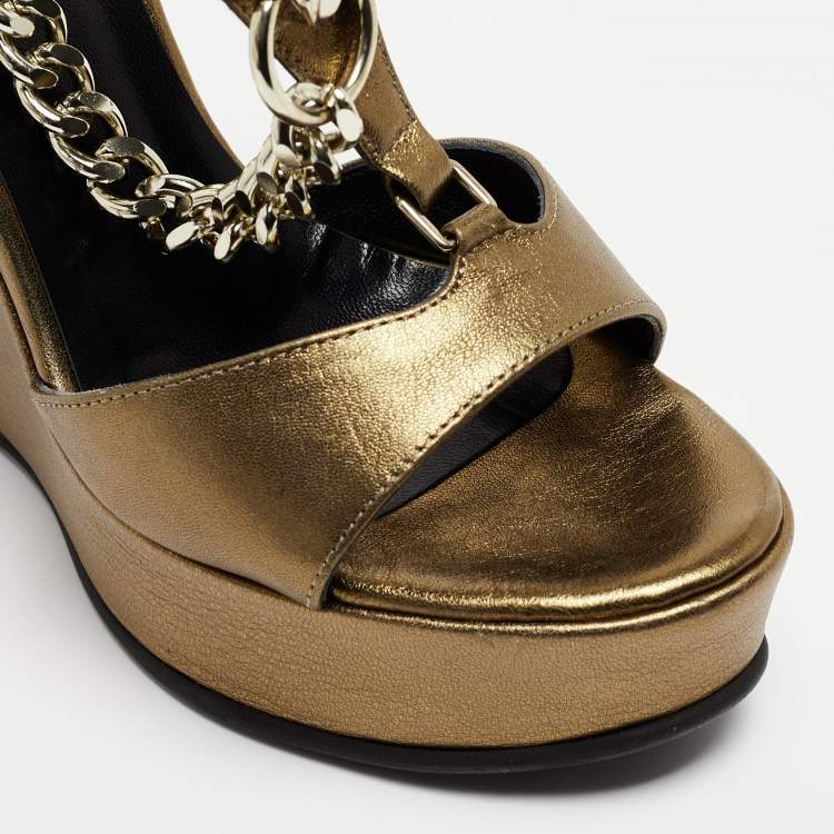 Pre Owned Just Cavalli  Metallic Gold Leather Wedge Ankle Strap Sandals Size 38