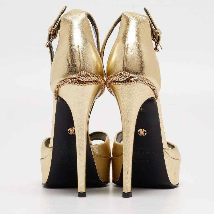 Pre Owned Roberto Cavalli Gold Leather Snake Detail Platform Ankle Strap Sandals Size 38