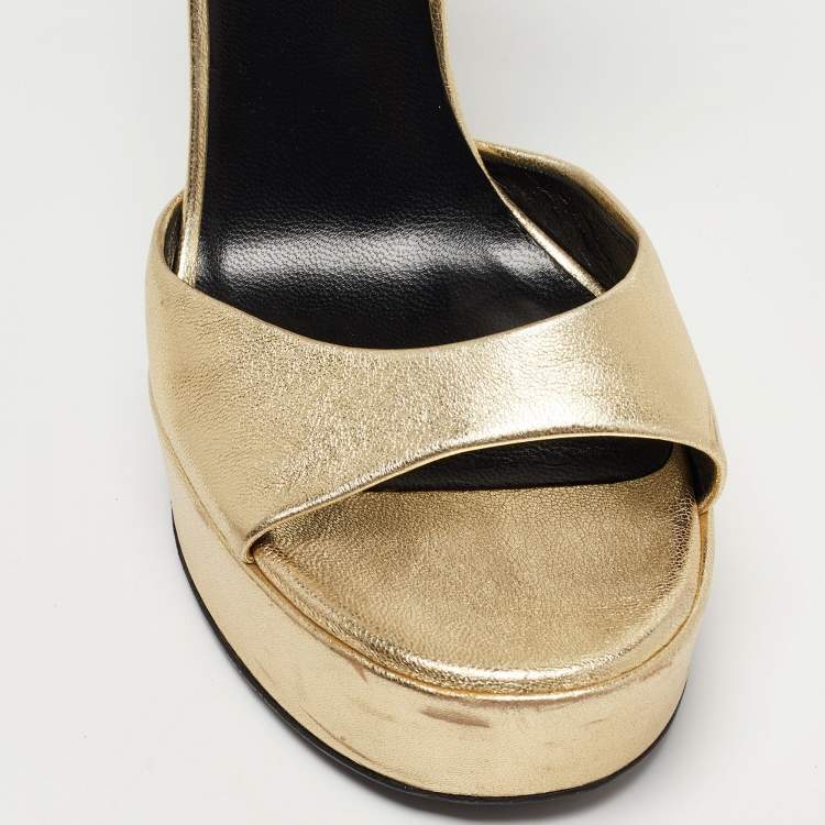 Pre Owned Roberto Cavalli Gold Leather Snake Detail Platform Ankle Strap Sandals Size 38