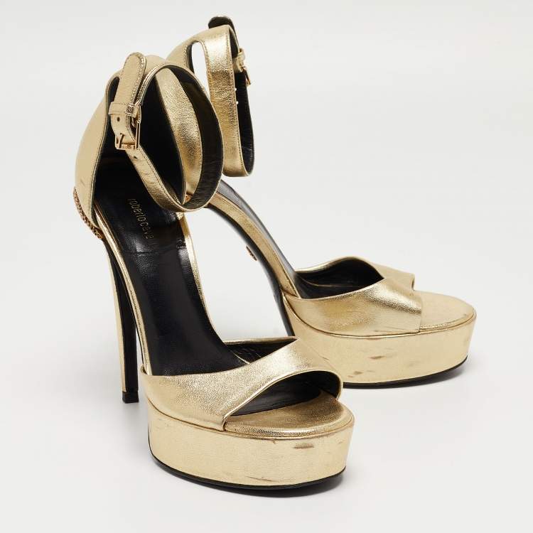 Pre Owned Roberto Cavalli Gold Leather Snake Detail Platform Ankle Strap Sandals Size 38