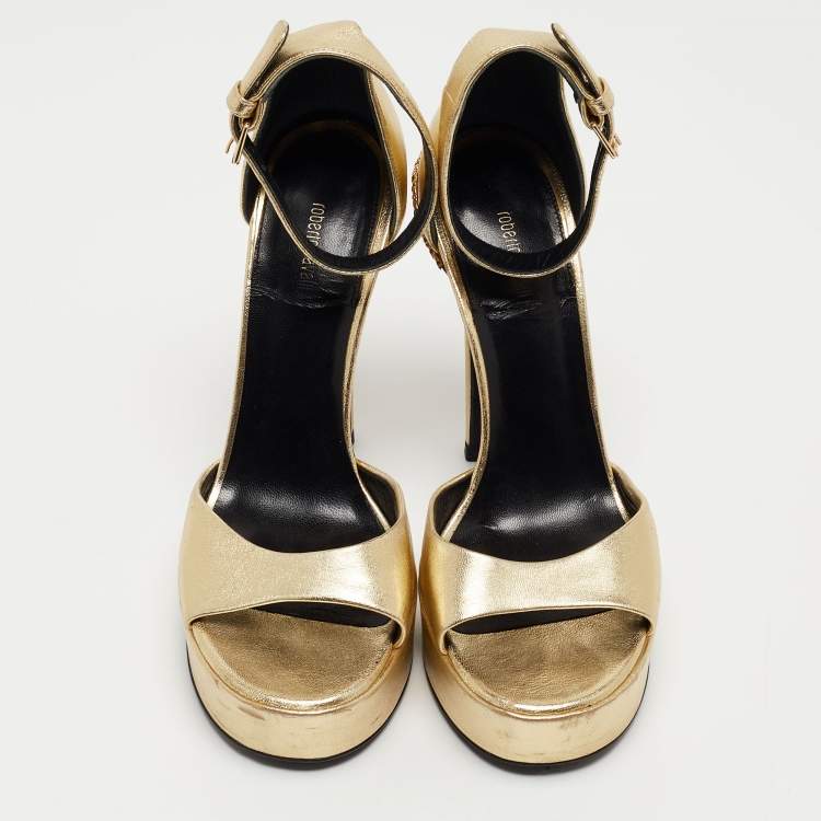 Pre Owned Roberto Cavalli Gold Leather Snake Detail Platform Ankle Strap Sandals Size 38