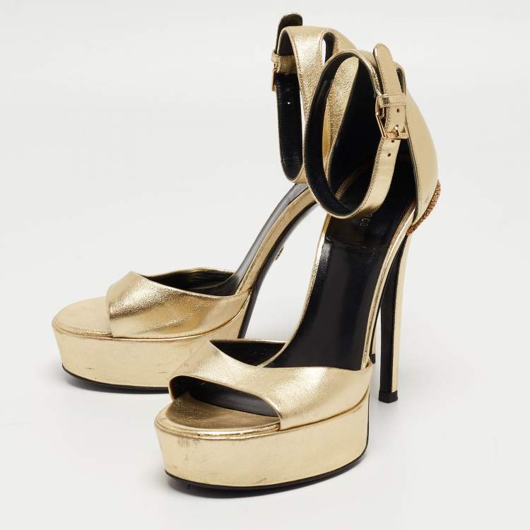 Pre Owned Roberto Cavalli Gold Leather Snake Detail Platform Ankle Strap Sandals Size 38