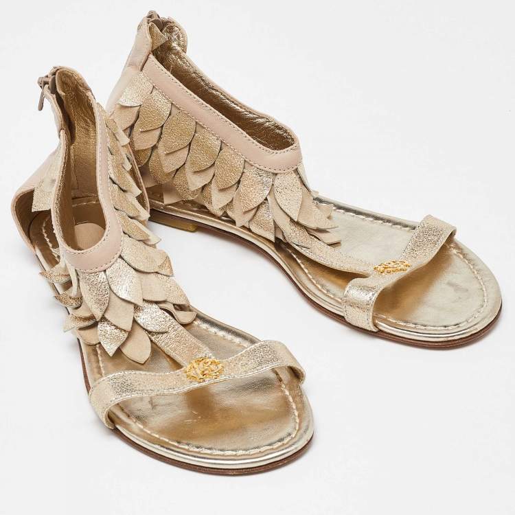 Pre Owned Roberto Cavalli Beige/Gold Leather T-Strap Ankle Cuff Flat Sandals Size 40