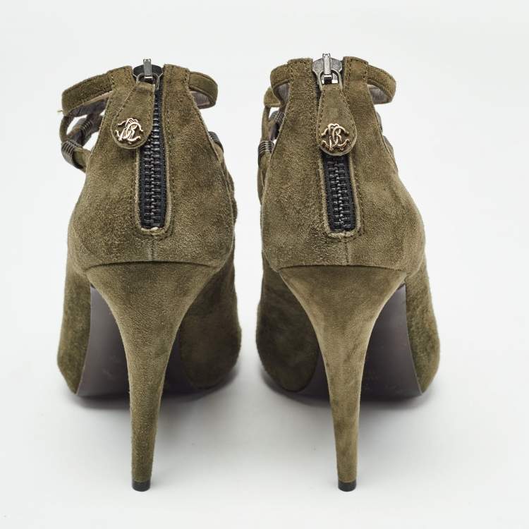 Pre Owned Roberto Cavalli Green Suede Strappy  Pumps Size 38.5 