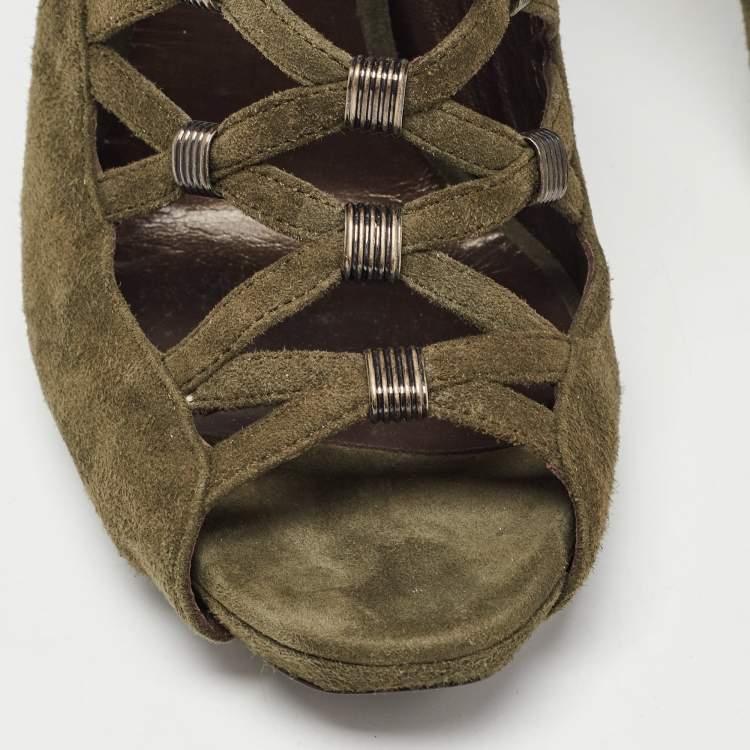 Pre Owned Roberto Cavalli Green Suede Strappy  Pumps Size 38.5 